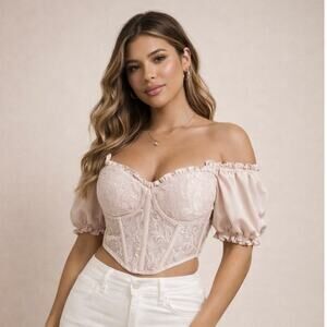 Baby Pink Lace Corset Bustier Top S Coquette Puff Sleeve Y2K Romantic Feminine